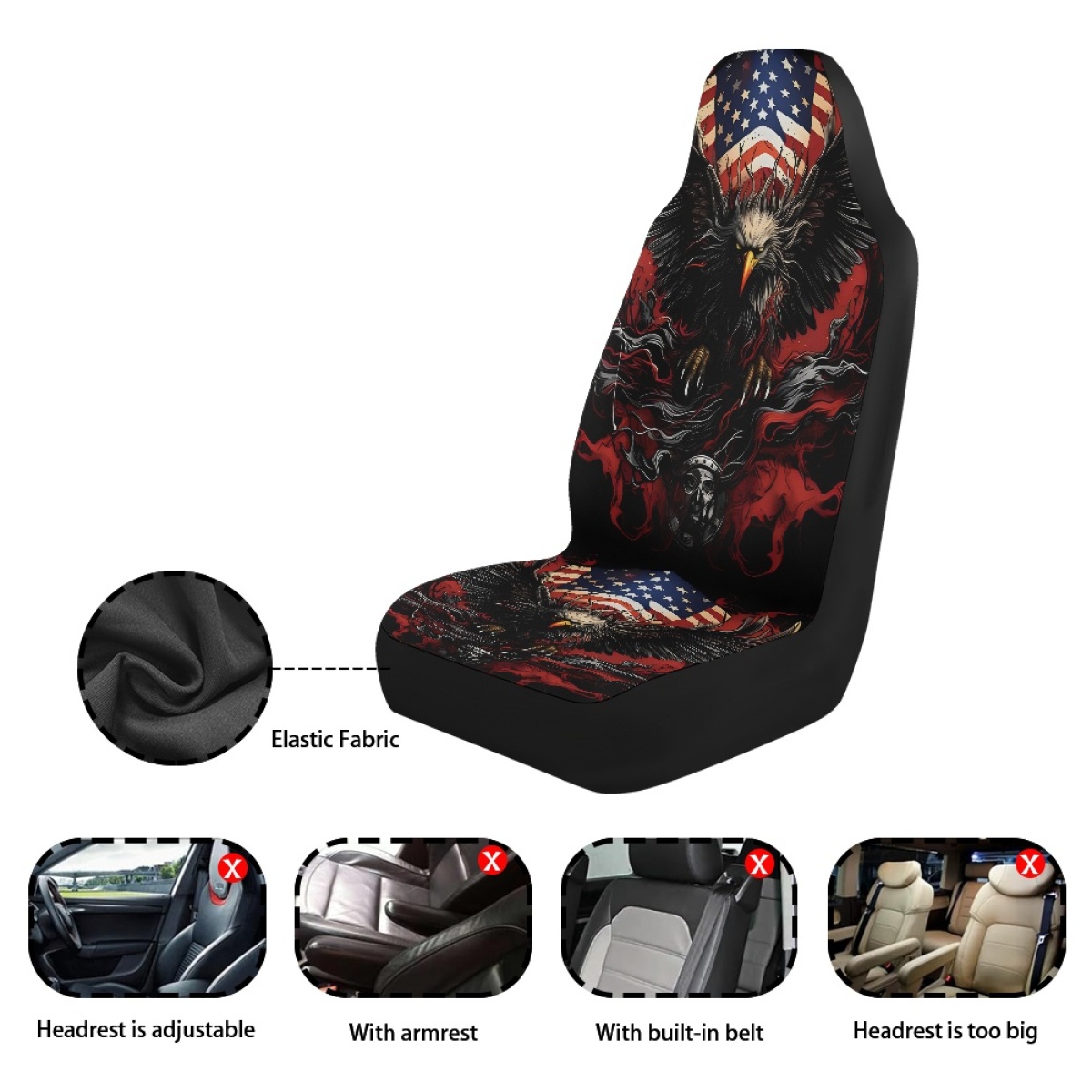 2 Front Car Seat Covers, Digitally Printed With An Eagle Pattern, Thin, Suitable For All Seasons, Fashionable Car Seat Covers 9