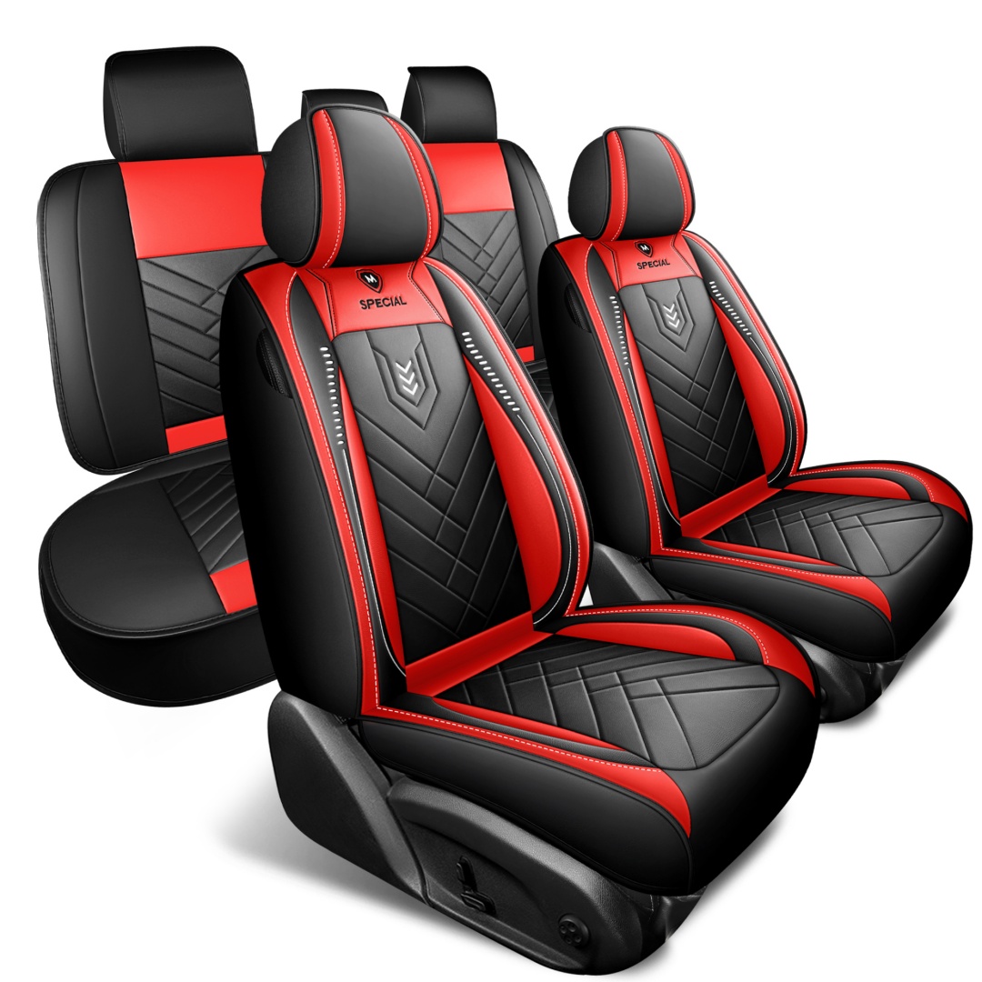 Sport Rocket Design Racing Car Seat Covers Red Black PU Leather Full 5-Seat Set Breathable Wearproof Universal Automotive Seat Cushion Protectors 2