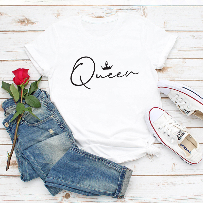 Crown Queen Letter Print O-Neck Loose T-Shirt 2