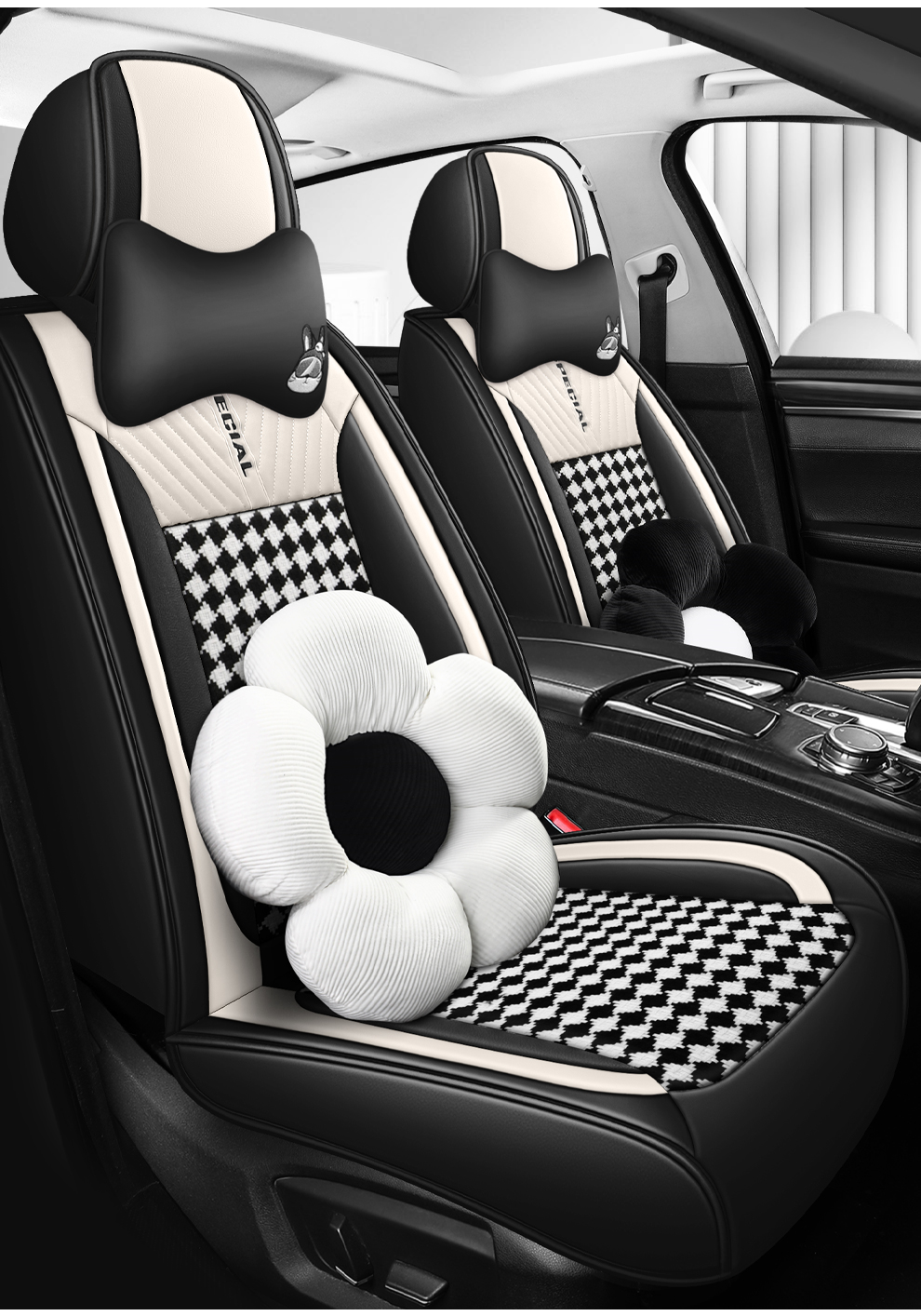 Light Luxury Nordic Style Classic Black White Checkered Plaid Car Seat Covers Full 5-Seat Set Breathable Soft Universal Auto Seat Cushion Protector For Vehicles 6