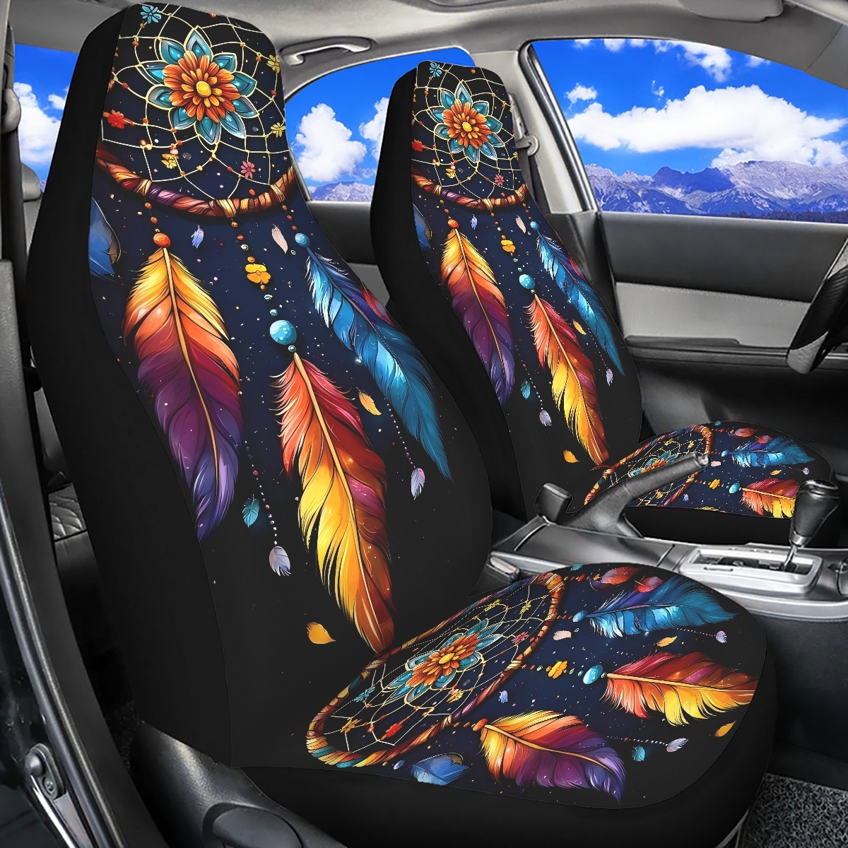 2 Front Car Seat Covers, Digitally Printed With Feather Patterns, Thin, Suitable For All Seasons, Fashionable Car Seat Covers 7