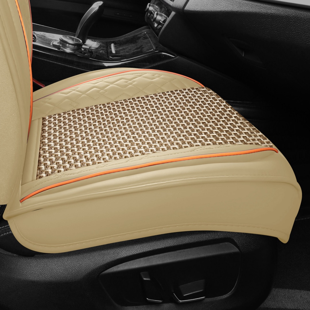 Summer Cool Ice Silk Breathable Car Seat Covers Full 5-Seat Set Ergonomic Lumbar Support Soft Beige Universal Auto Interior Seat Cushion Protectors 11