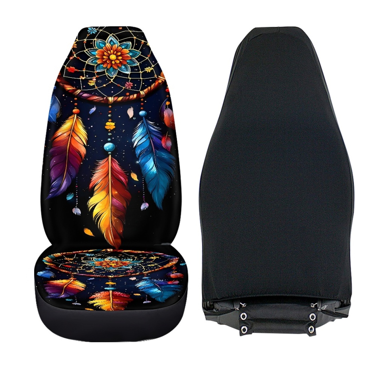 2 Front Car Seat Covers, Digitally Printed With Feather Patterns, Thin, Suitable For All Seasons, Fashionable Car Seat Covers 3