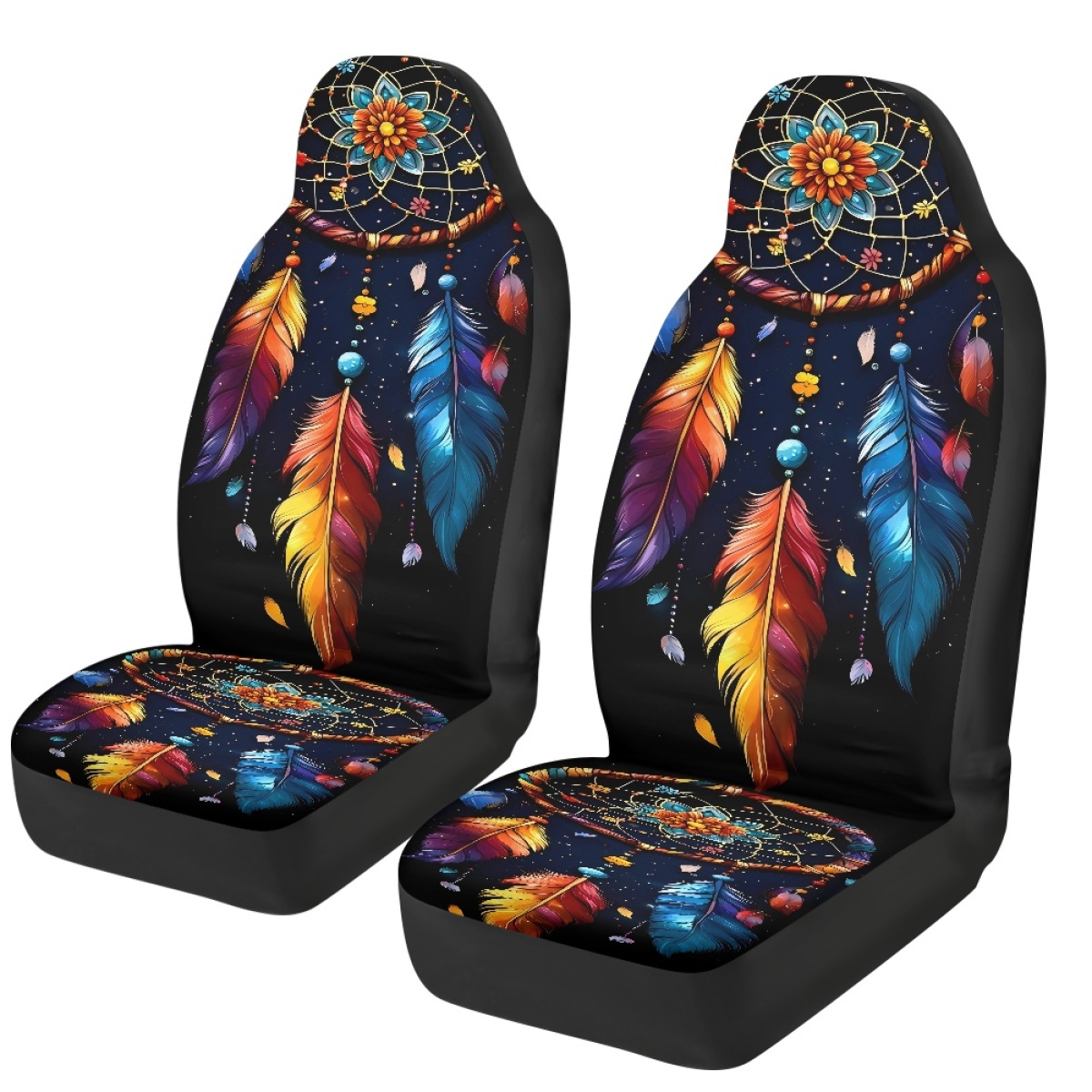 2 Front Car Seat Covers, Digitally Printed With Feather Patterns, Thin, Suitable For All Seasons, Fashionable Car Seat Covers 10