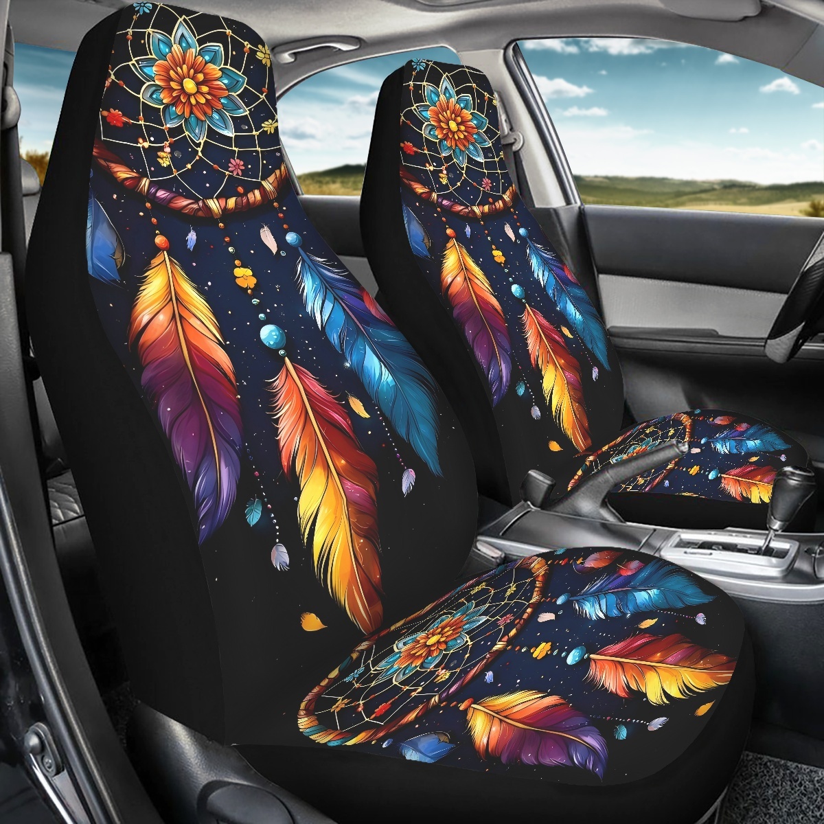 2 Front Car Seat Covers, Digitally Printed With Feather Patterns, Thin, Suitable For All Seasons, Fashionable Car Seat Covers 6