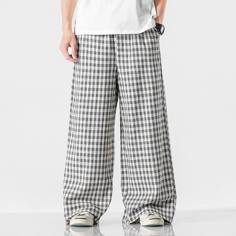 Summer Plus Size Chinese Style Cotton Linen Plaid Pants 4