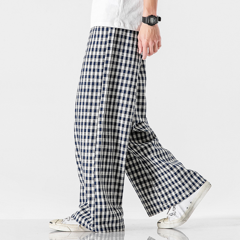 Summer Plus Size Chinese Style Cotton Linen Plaid Pants 3