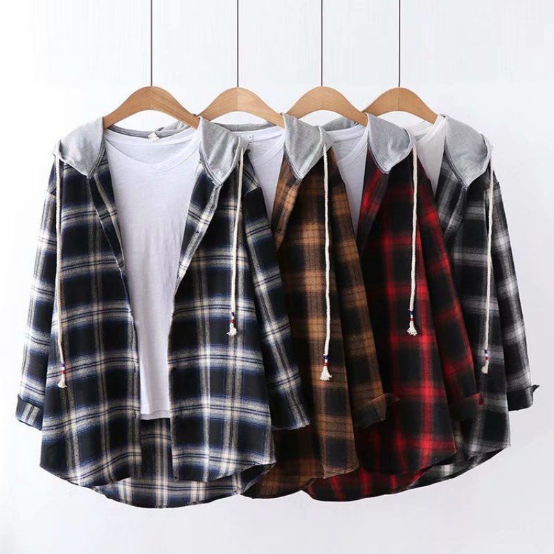 Women's Loose Plaid Hooded Long-Sleeved Shirt