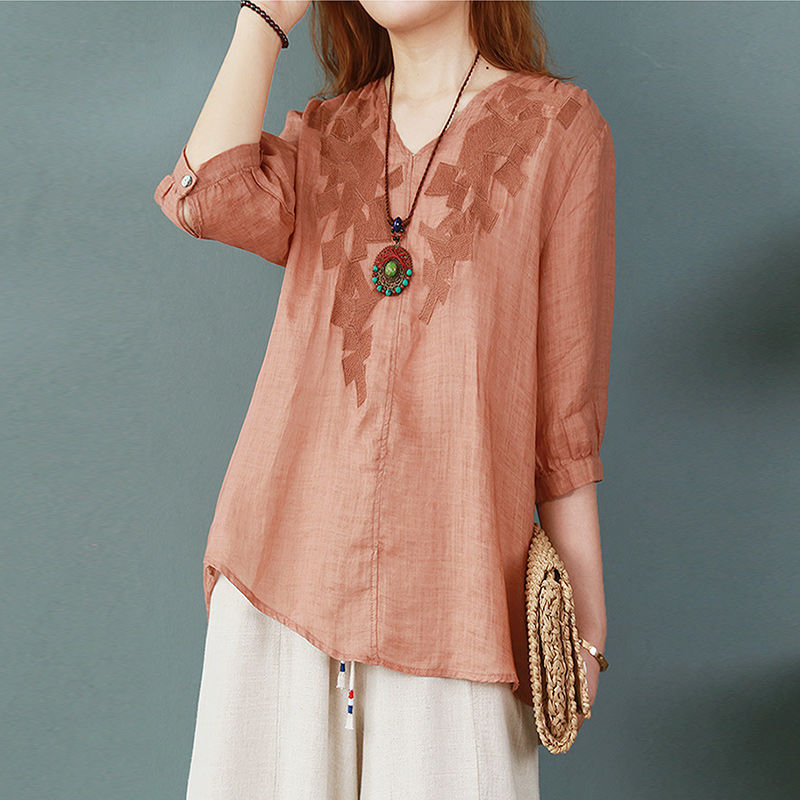Embroidered Cotton Linen Summer T-Shirt 9