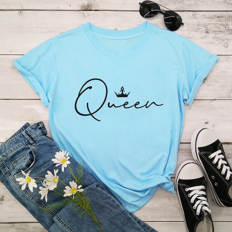 Crown Queen Letter Print O-Neck Loose T-Shirt 7