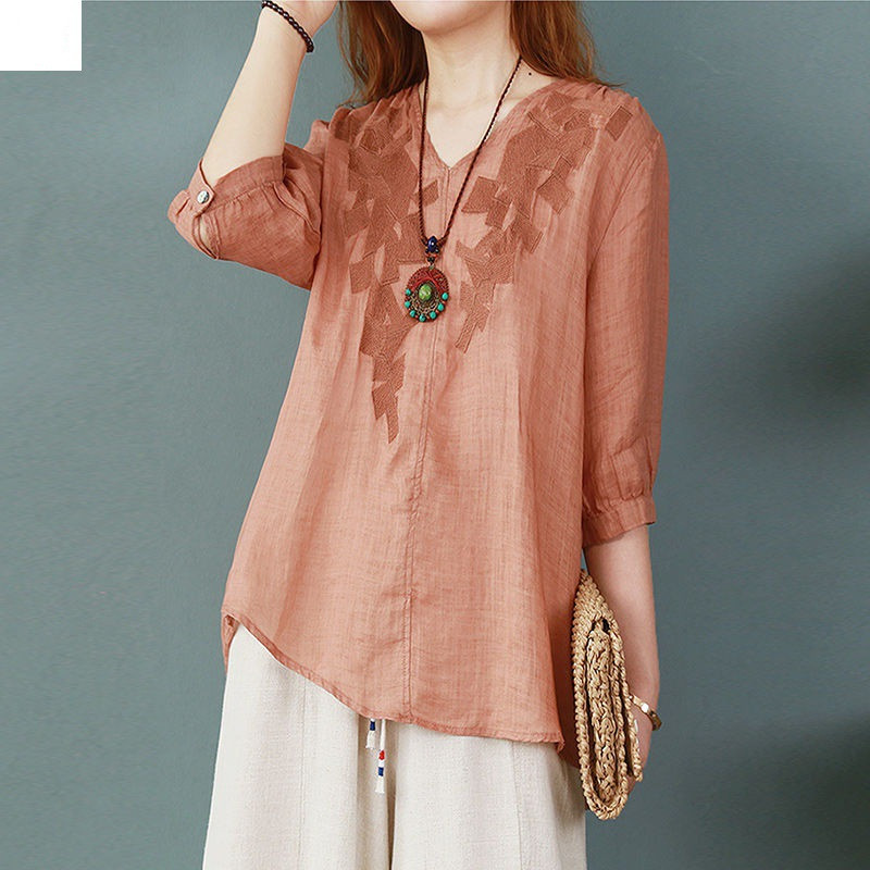 Embroidered Cotton Linen Summer T-Shirt 8