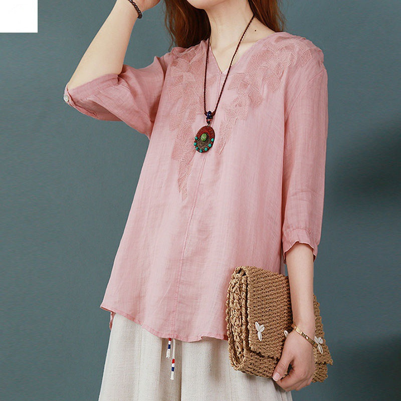 Embroidered Cotton Linen Summer T-Shirt 3
