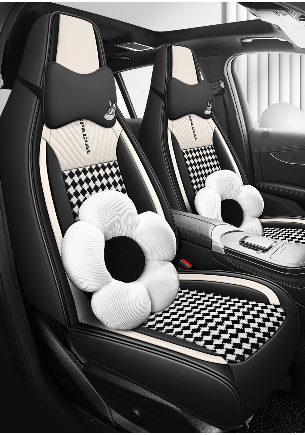 Light Luxury Nordic Style Classic Black White Checkered Plaid Car Seat Covers Full 5-Seat Set Breathable Soft Universal Auto Seat Cushion Protector For Vehicles 5