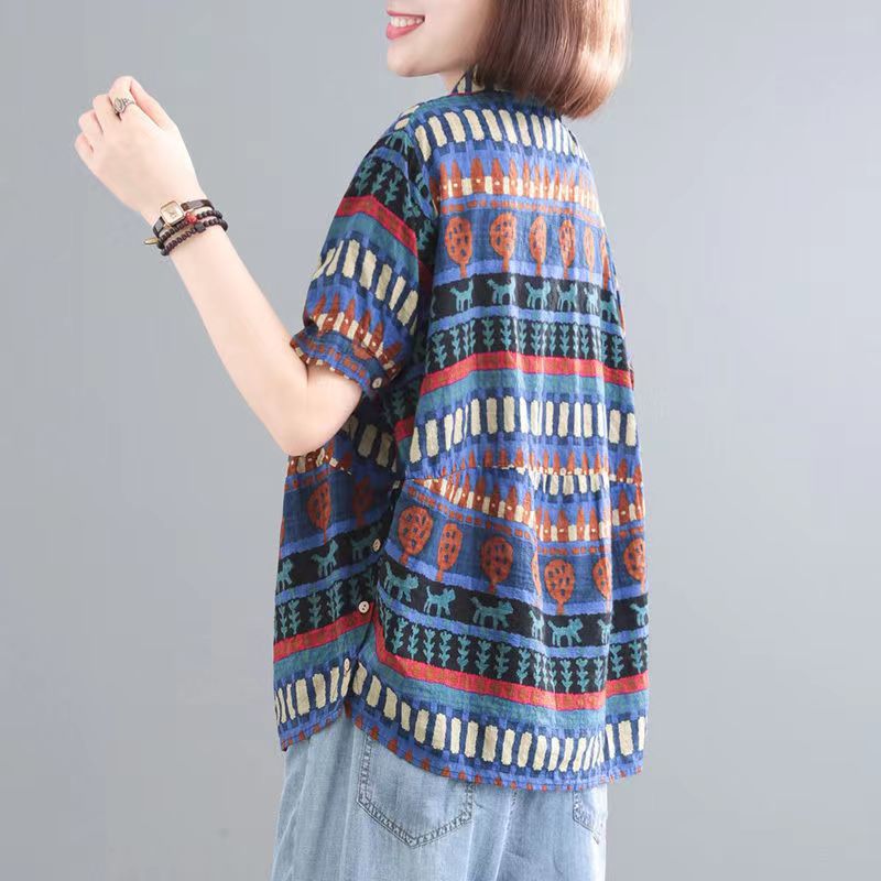 Casual Loose Fit Cotton and Hemp Short Sleeve Shirt 2