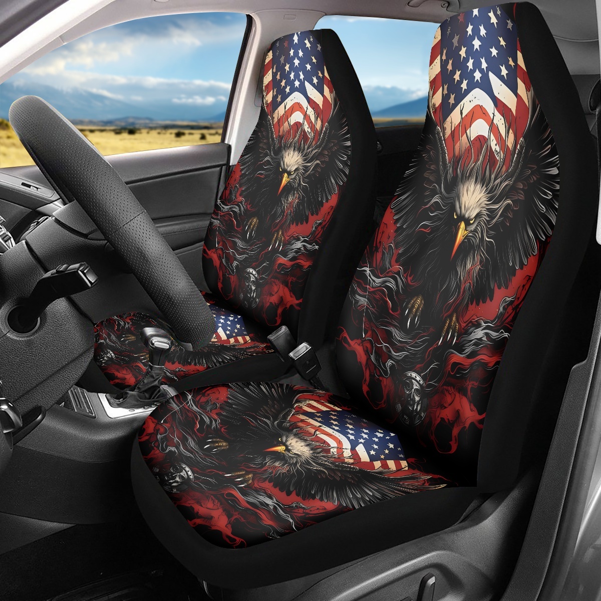 2 Front Car Seat Covers, Digitally Printed With An Eagle Pattern, Thin, Suitable For All Seasons, Fashionable Car Seat Covers 8