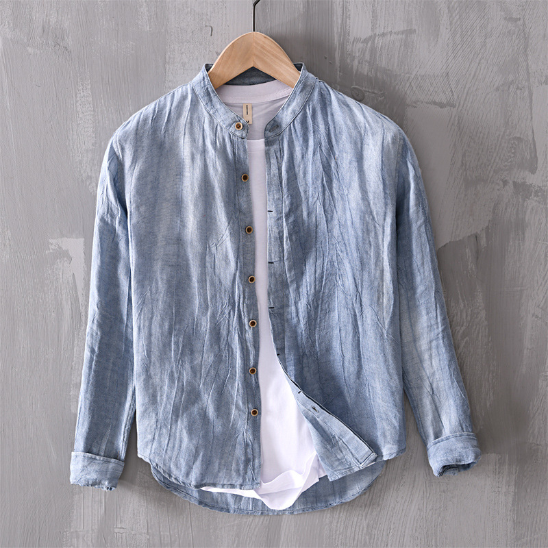 Linen Men's Stand-Collar Long-Sleeve Shirt
