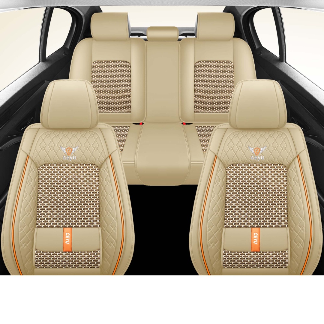 Summer Cool Ice Silk Breathable Car Seat Covers Full 5-Seat Set Ergonomic Lumbar Support Soft Beige Universal Auto Interior Seat Cushion Protectors 12