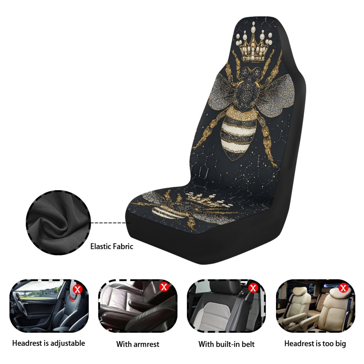 2 Front Car Seat Covers, Digitally Printed With A Honeybee Pattern, Thin, Suitable For All Seasons, Fashionable Car Seat Covers 3