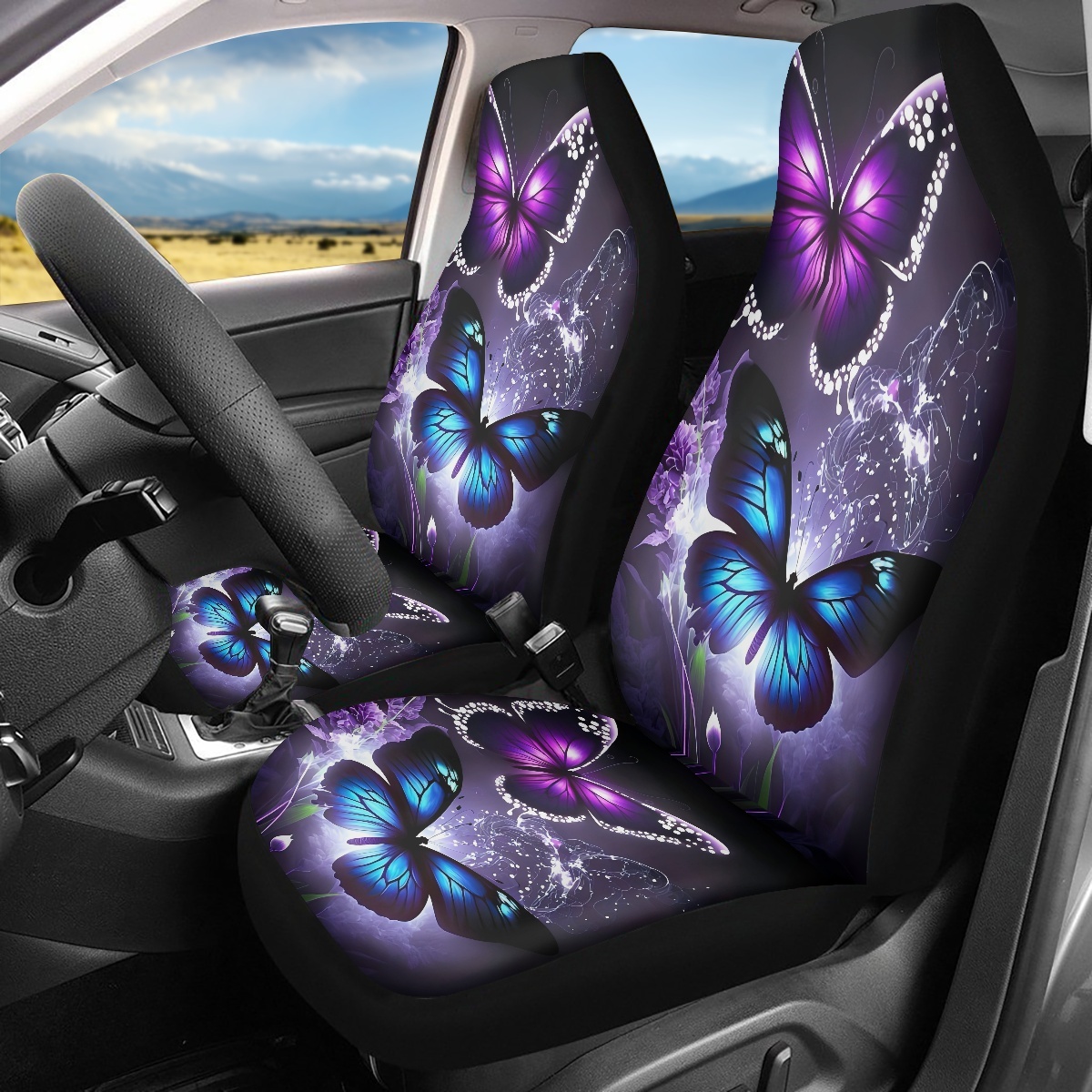 2 Front Car Seat Covers, Digitally Printed With Butterfly Patterns, Thin, Suitable For All Seasons, Fashionable Car Seat Covers 9