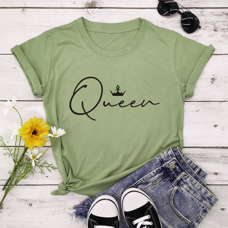 Crown Queen Letter Print O-Neck Loose T-Shirt 6