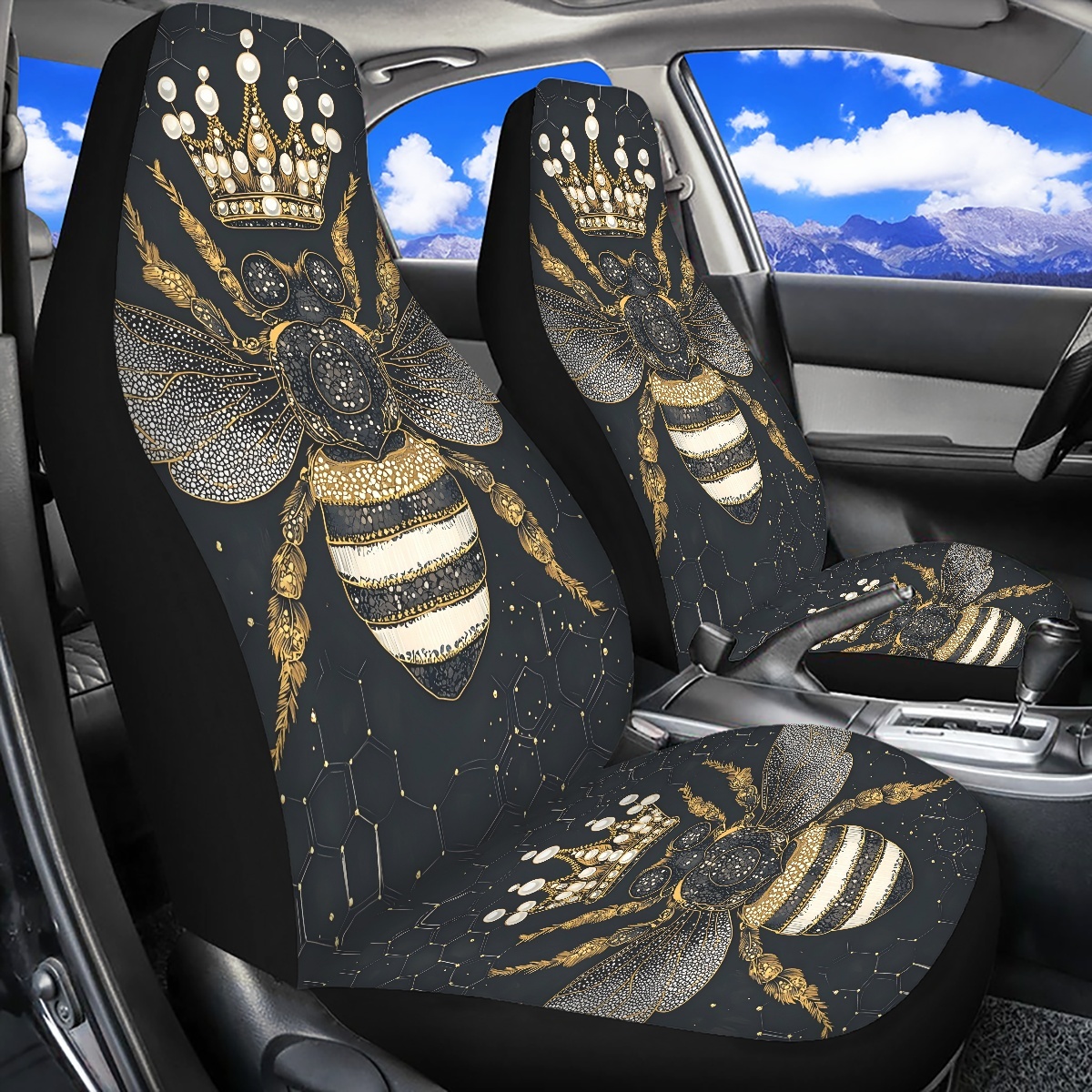 2 Front Car Seat Covers, Digitally Printed With A Honeybee Pattern, Thin, Suitable For All Seasons, Fashionable Car Seat Covers 10