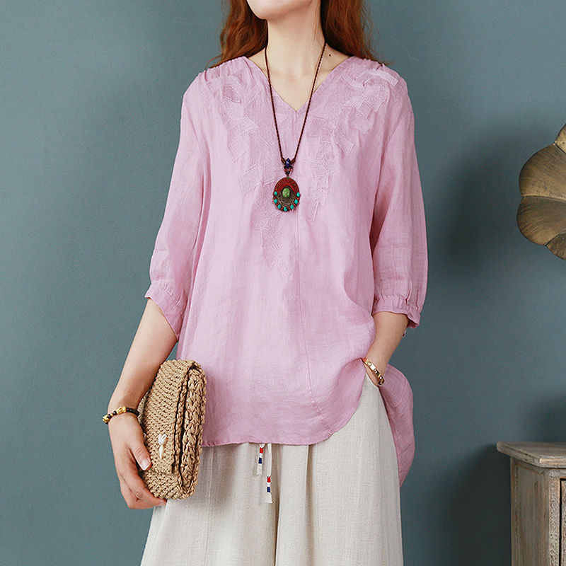 Embroidered Cotton Linen Summer T-Shirt 10