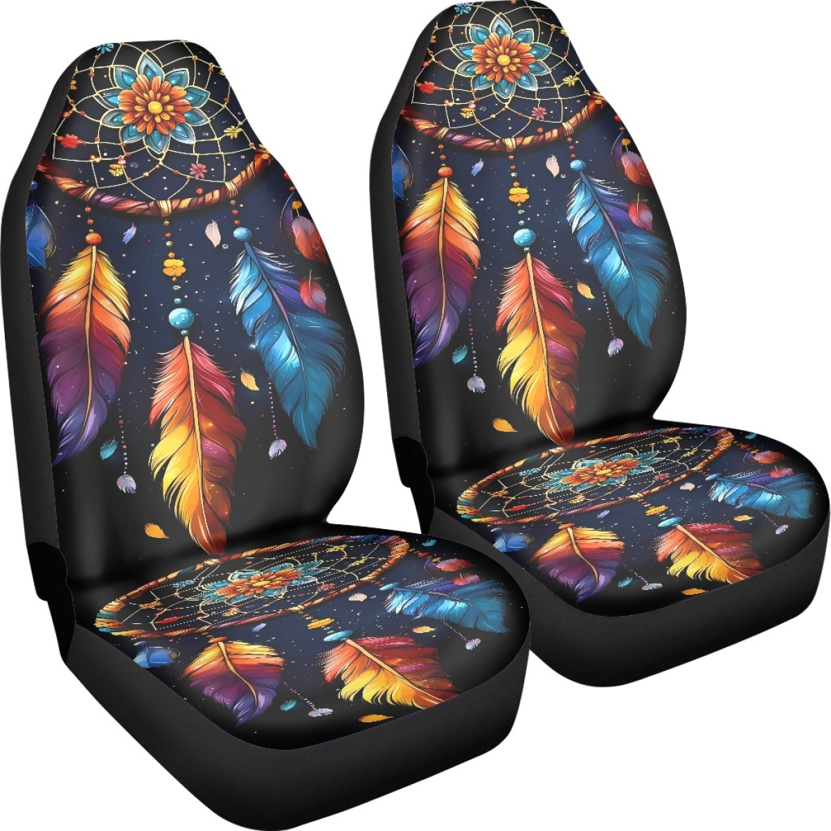 2 Front Car Seat Covers, Digitally Printed With Feather Patterns, Thin, Suitable For All Seasons, Fashionable Car Seat Covers 9