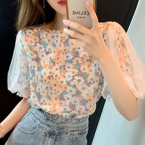 Beaded Mesh Puff Sleeve Chiffon Top 2