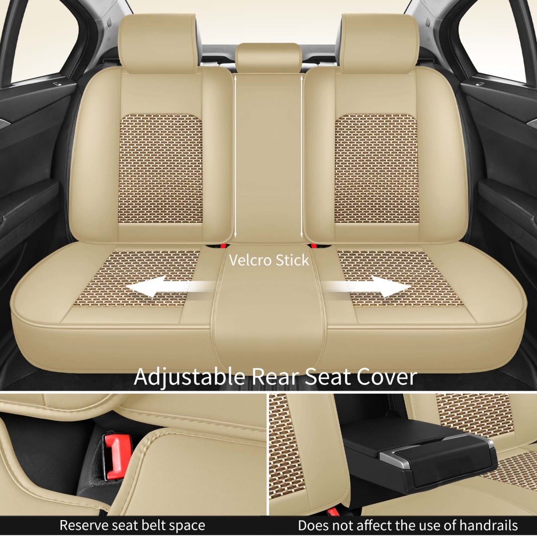 Summer Cool Ice Silk Breathable Car Seat Covers Full 5-Seat Set Ergonomic Lumbar Support Soft Beige Universal Auto Interior Seat Cushion Protectors 8