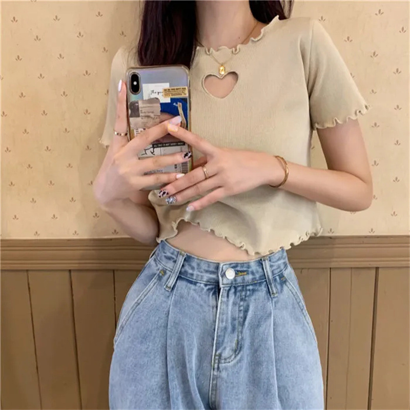 Hollow Out Love T-Shirt with Wooden Edge 8