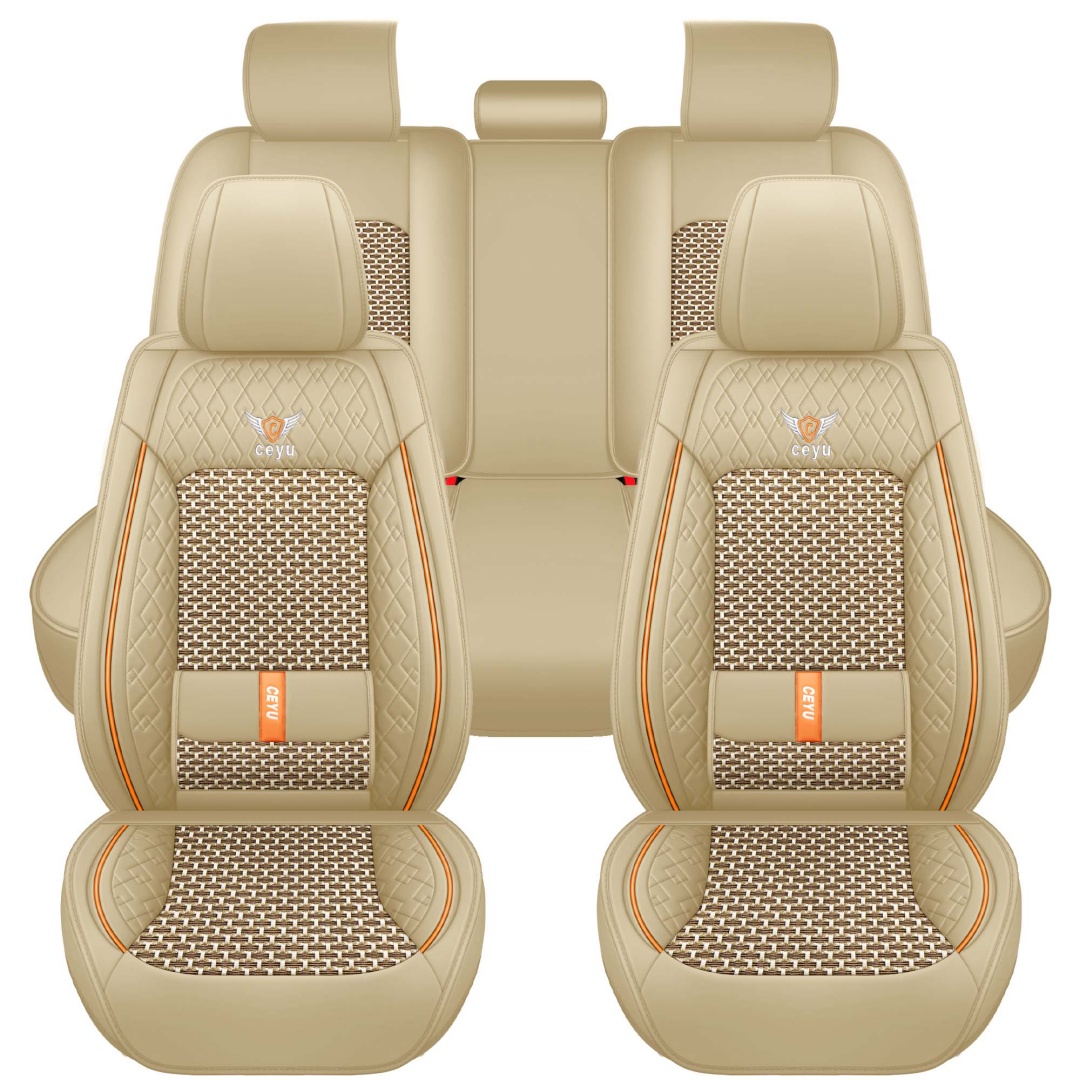 Summer Cool Ice Silk Breathable Car Seat Covers Full 5-Seat Set Ergonomic Lumbar Support Soft Beige Universal Auto Interior Seat Cushion Protectors 2
