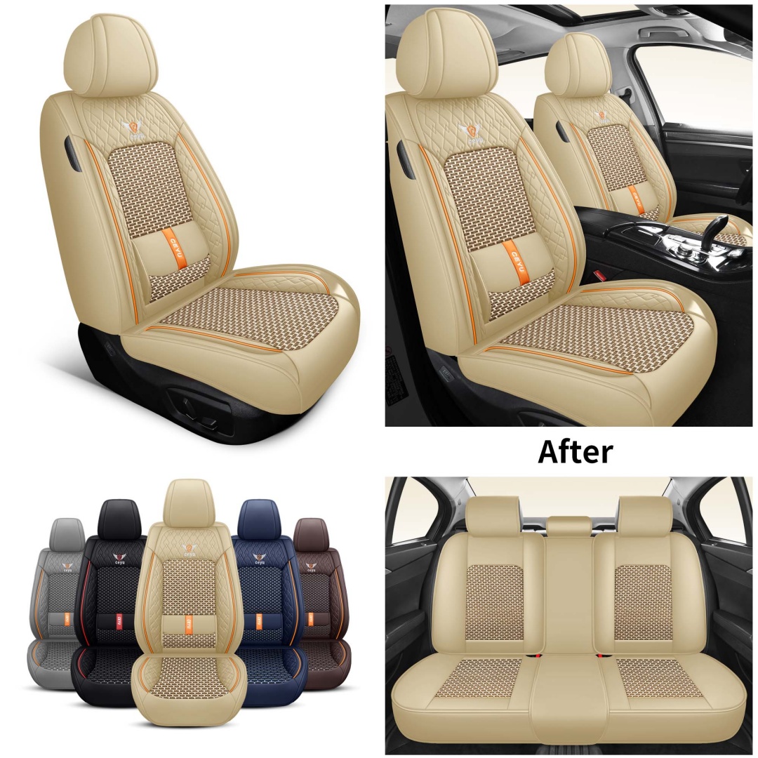 Summer Cool Ice Silk Breathable Car Seat Covers Full 5-Seat Set Ergonomic Lumbar Support Soft Beige Universal Auto Interior Seat Cushion Protectors 10