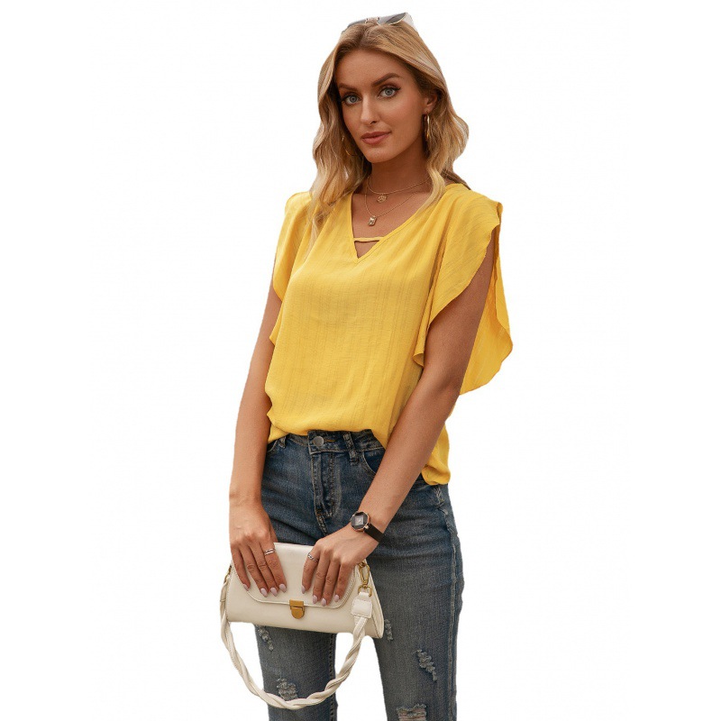 Solid Color V-Neck Shirt with Lotus Leaf Sleeves 4
