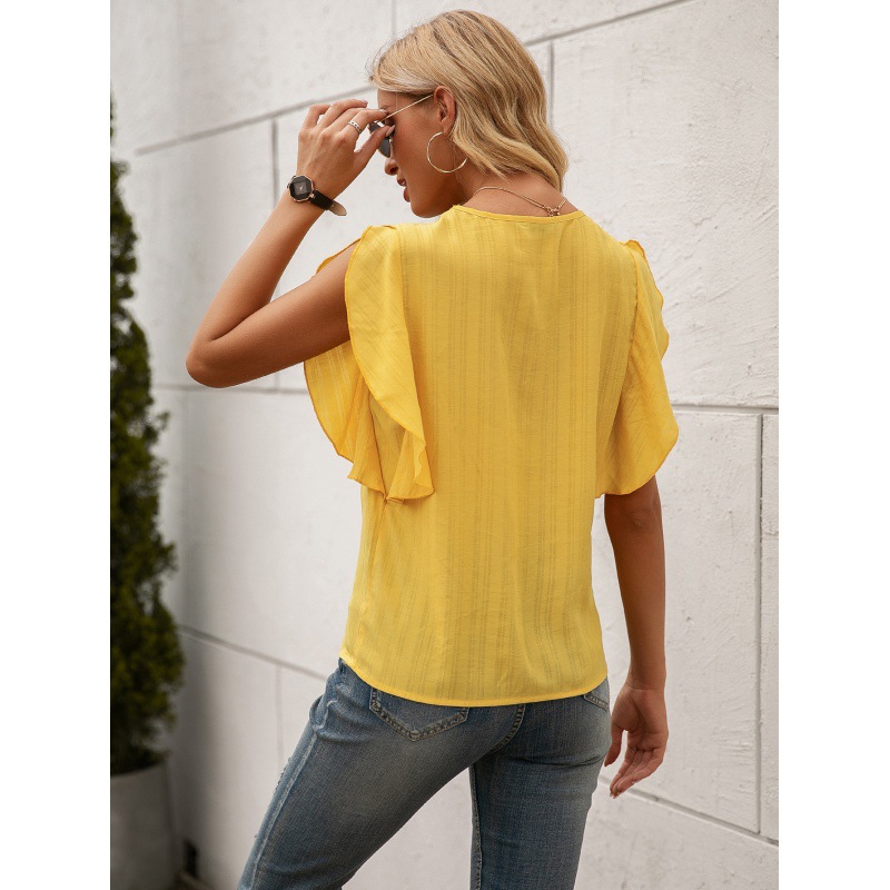 Solid Color V-Neck Shirt with Lotus Leaf Sleeves 2