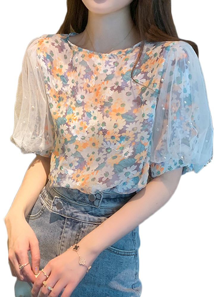 Beaded Mesh Puff Sleeve Chiffon Top 5