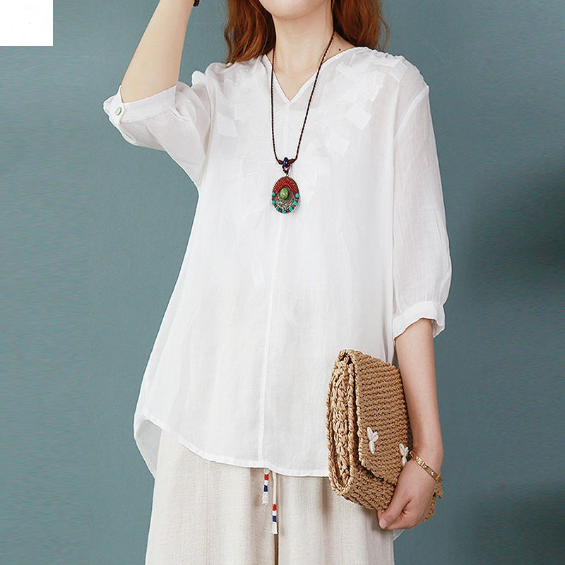 Embroidered Cotton Linen Summer T-Shirt 2
