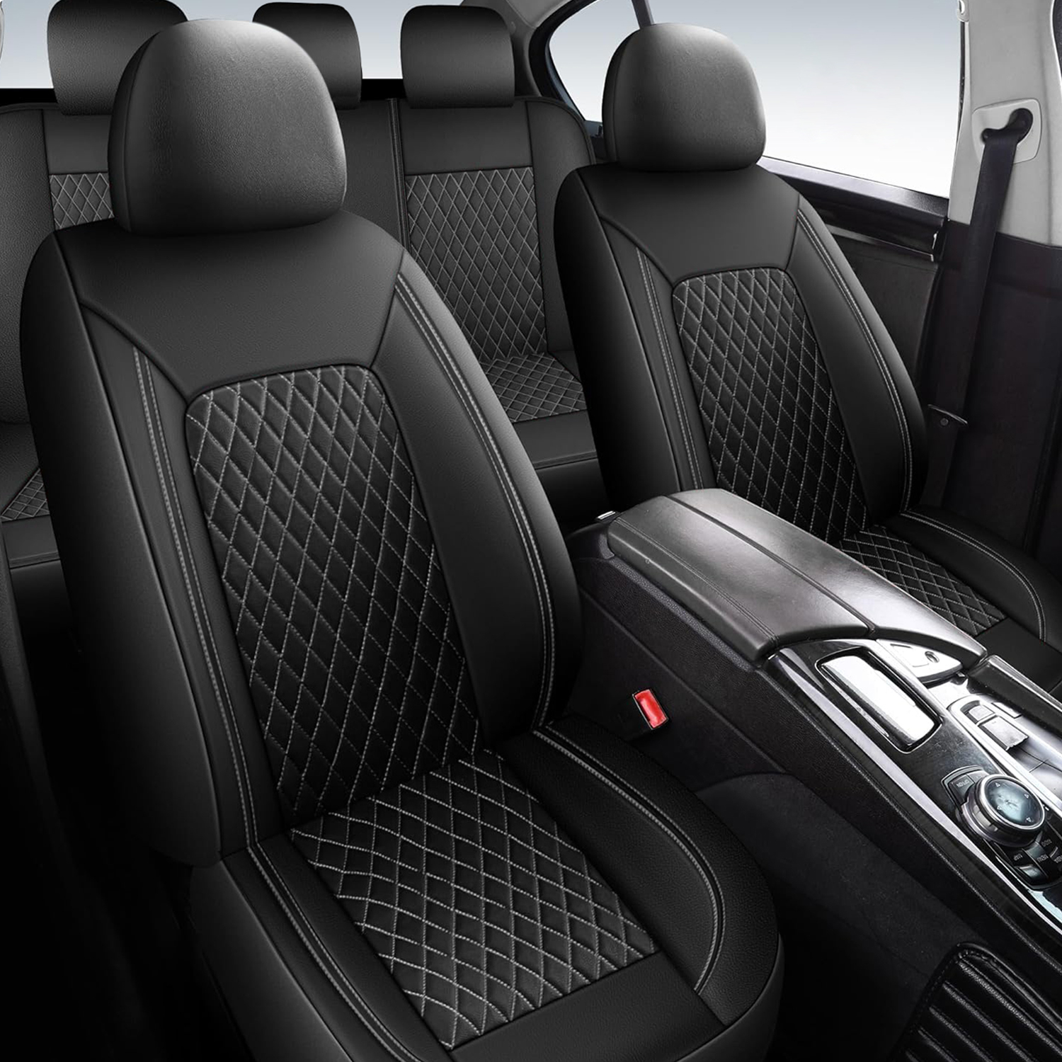 5-Seat Car Seat Cover, Single-Stitch Diamond Pattern, Quilted And Embroidered, Synthetic Leather, PVC Leather, Exported To Europe And America 3