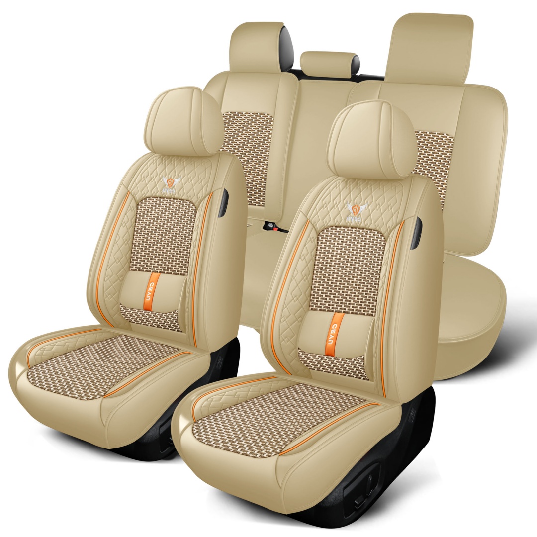 Summer Cool Ice Silk Breathable Car Seat Covers Full 5-Seat Set Ergonomic Lumbar Support Soft Beige Universal Auto Interior Seat Cushion Protectors 7