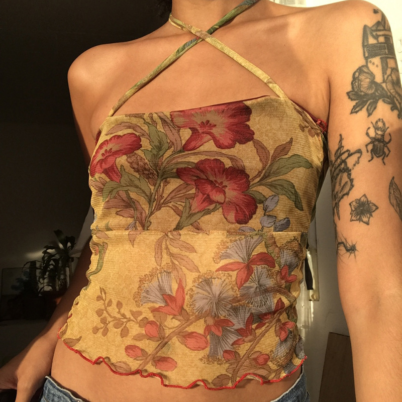Vintage Printed Mesh Lace-Up Cropped Bandeau Top 2