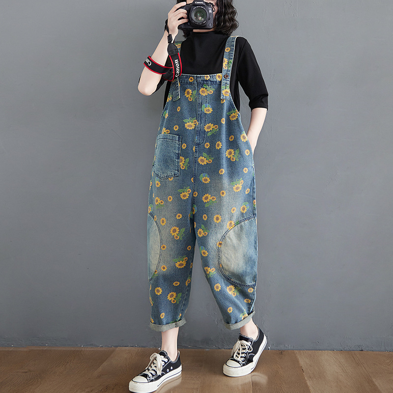 Women's Retro Print Denim Overalls