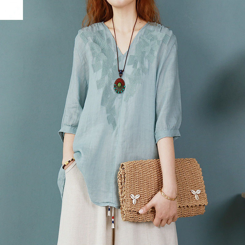 Embroidered Cotton Linen Summer T-Shirt 6