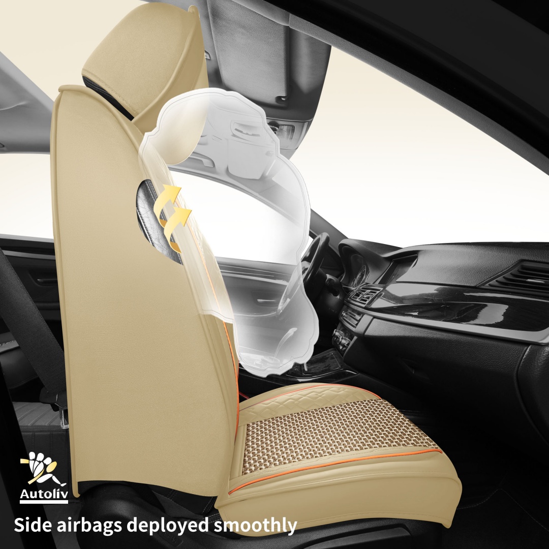 Summer Cool Ice Silk Breathable Car Seat Covers Full 5-Seat Set Ergonomic Lumbar Support Soft Beige Universal Auto Interior Seat Cushion Protectors 9