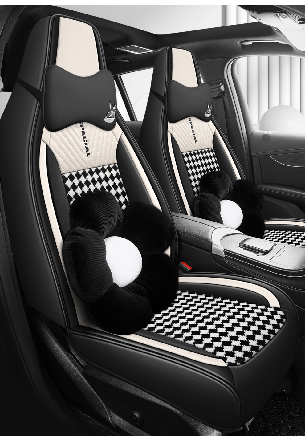 Light Luxury Nordic Style Classic Black White Checkered Plaid Car Seat Covers Full 5-Seat Set Breathable Soft Universal Auto Seat Cushion Protector For Vehicles 4