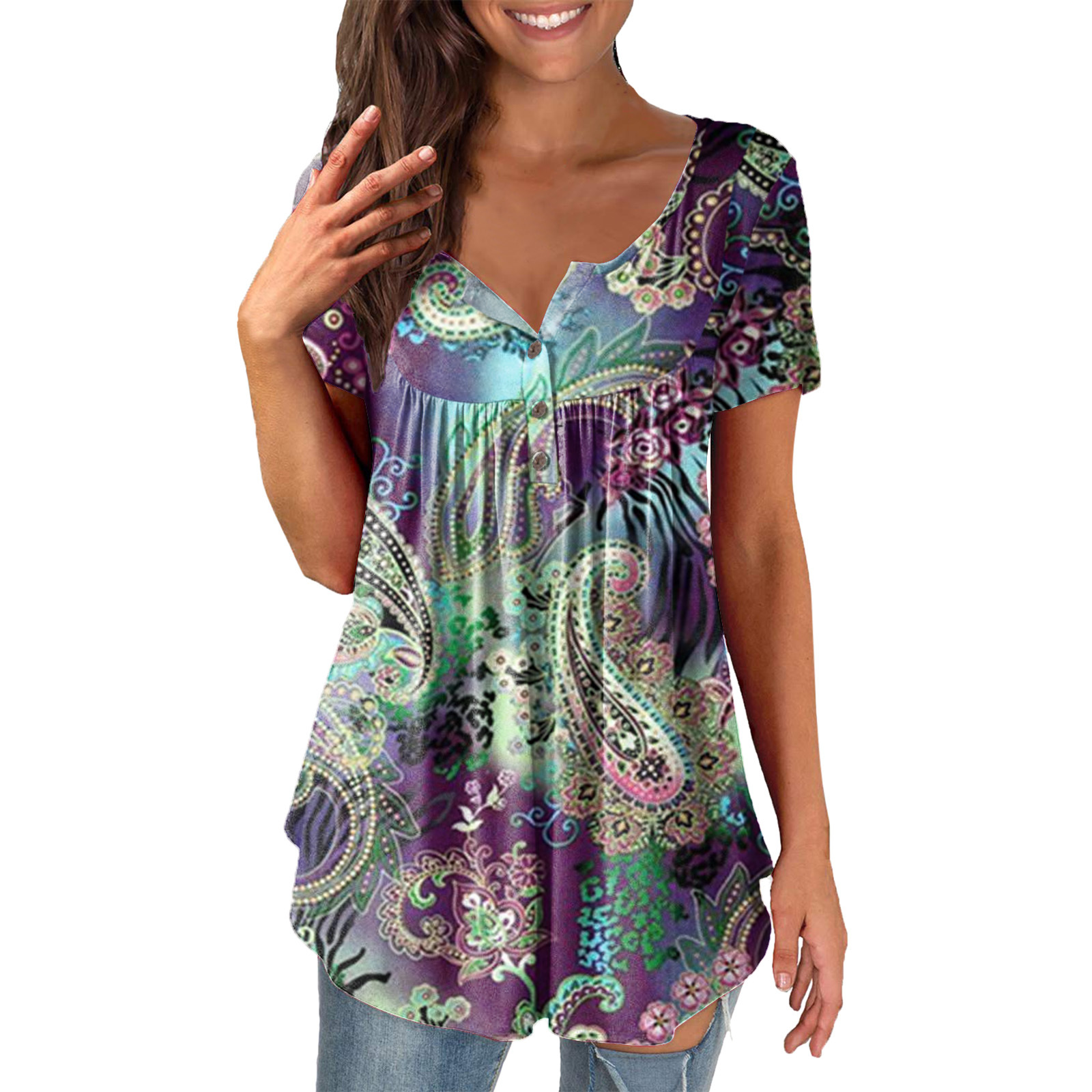 Women's Printed Ruffled Short Sleeve Pullover 10