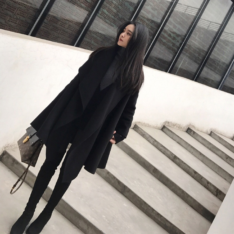 Black Mid-Length Irregular Loose Woolen Coat
