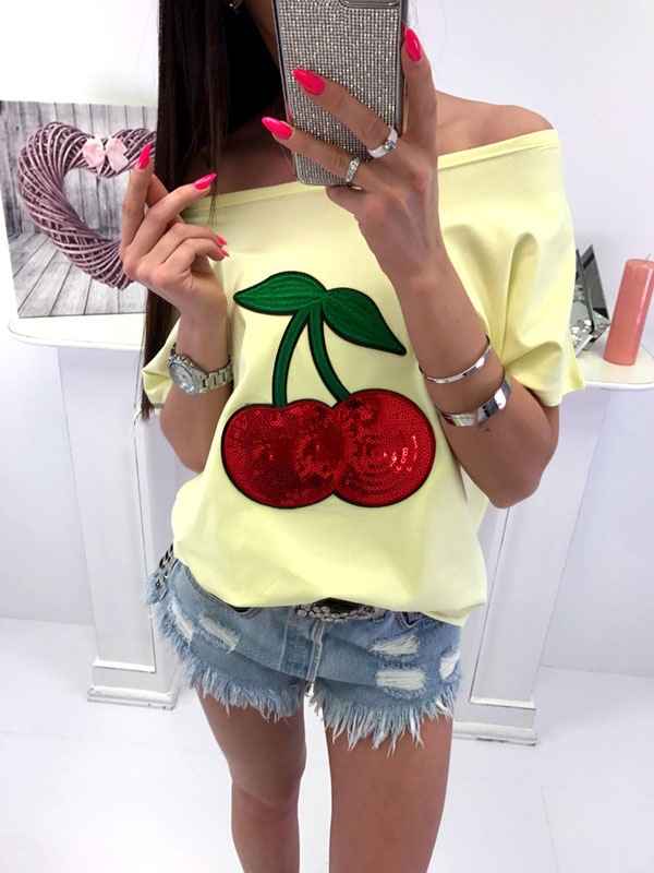 Cotton Blend Sequin Cherry Patch T-shirt 3