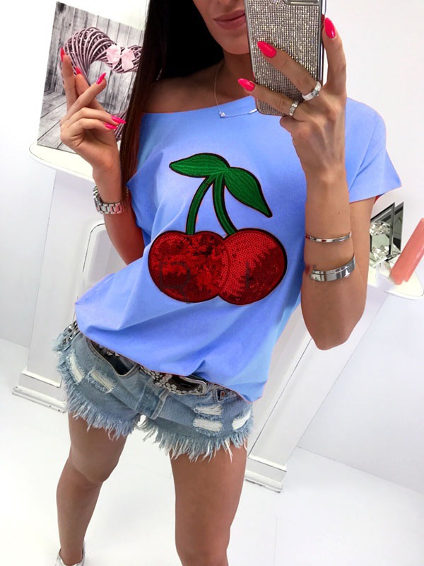 Cotton Blend Sequin Cherry Patch T-shirt 2