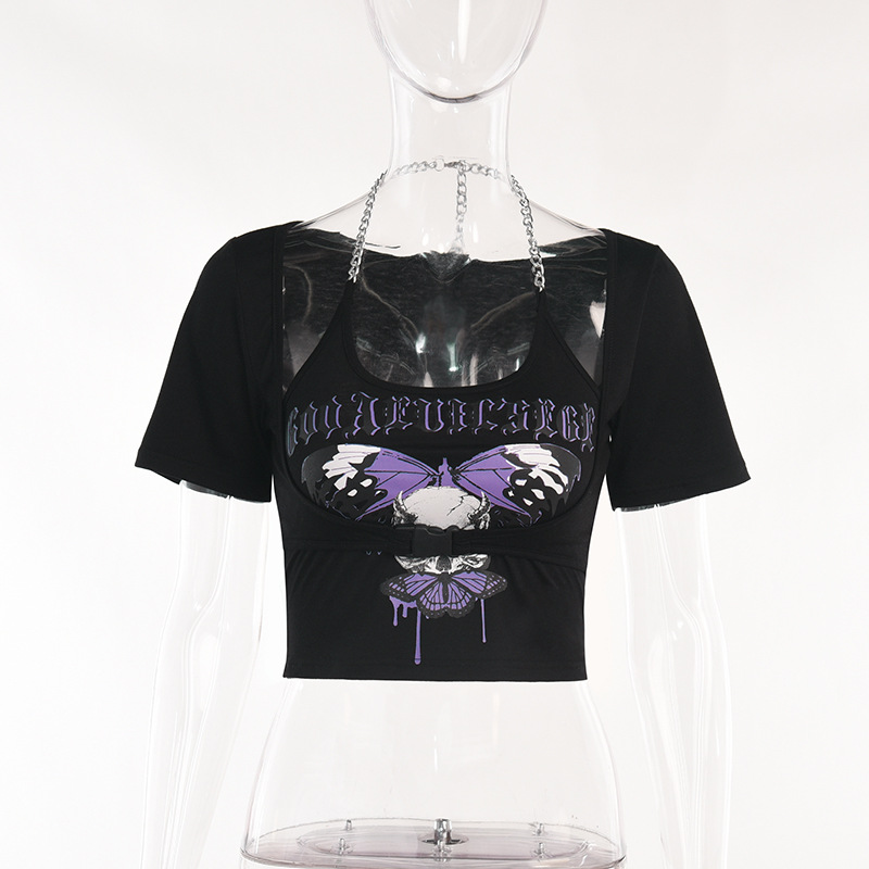 Women's Dark Butterfly Print Chain Sling Body Top 4