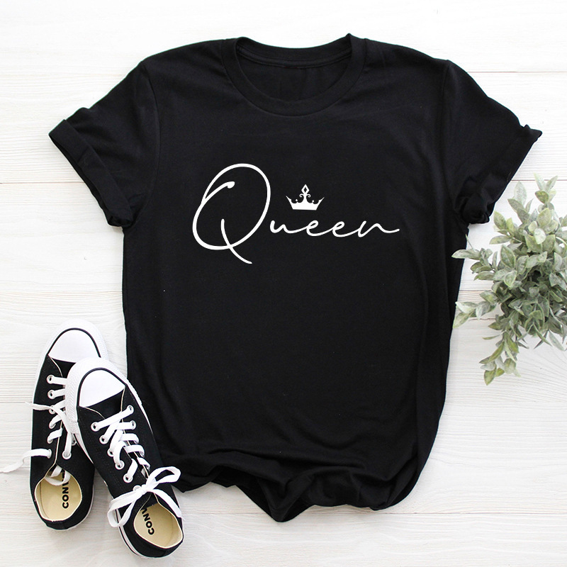 Crown Queen Letter Print O-Neck Loose T-Shirt 8
