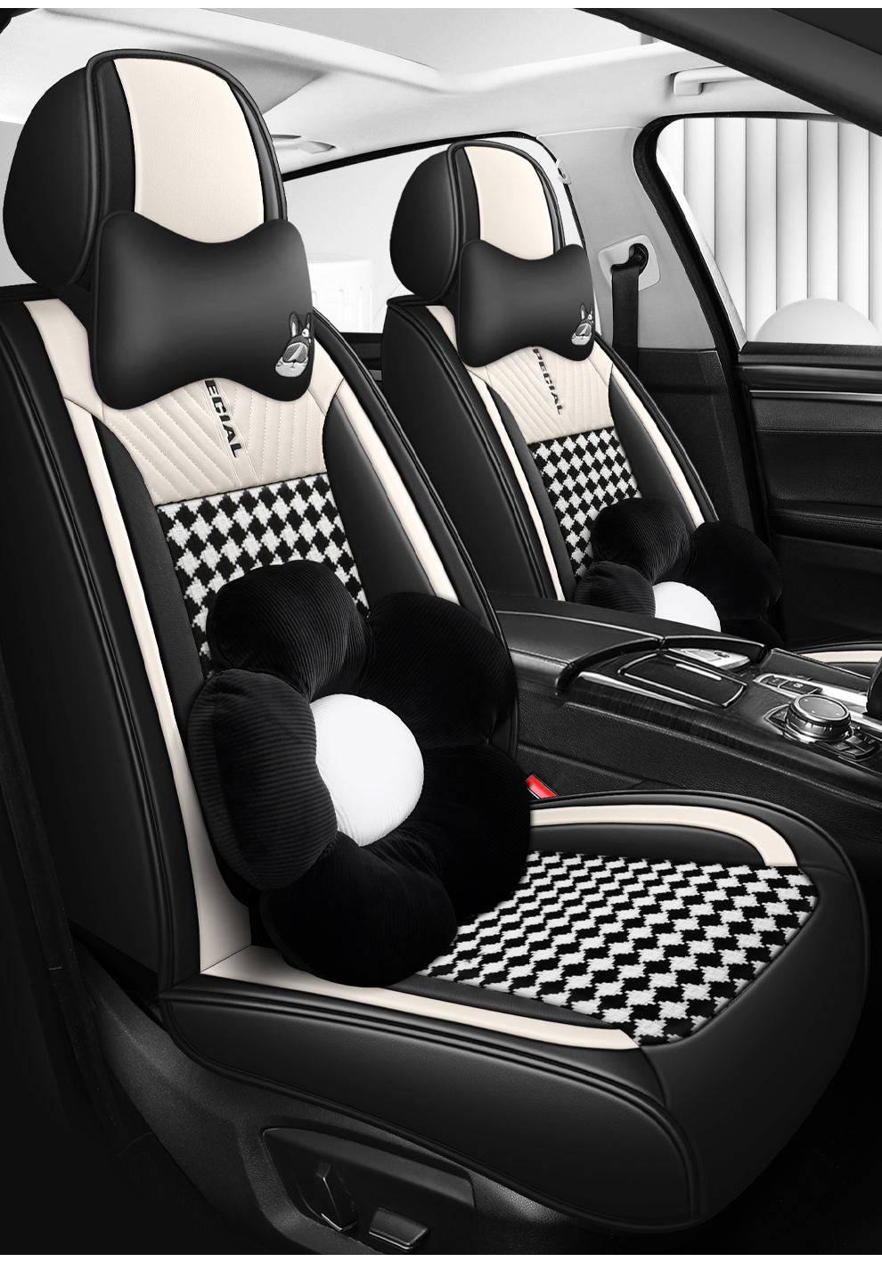 Light Luxury Nordic Style Classic Black White Checkered Plaid Car Seat Covers Full 5-Seat Set Breathable Soft Universal Auto Seat Cushion Protector For Vehicles 7